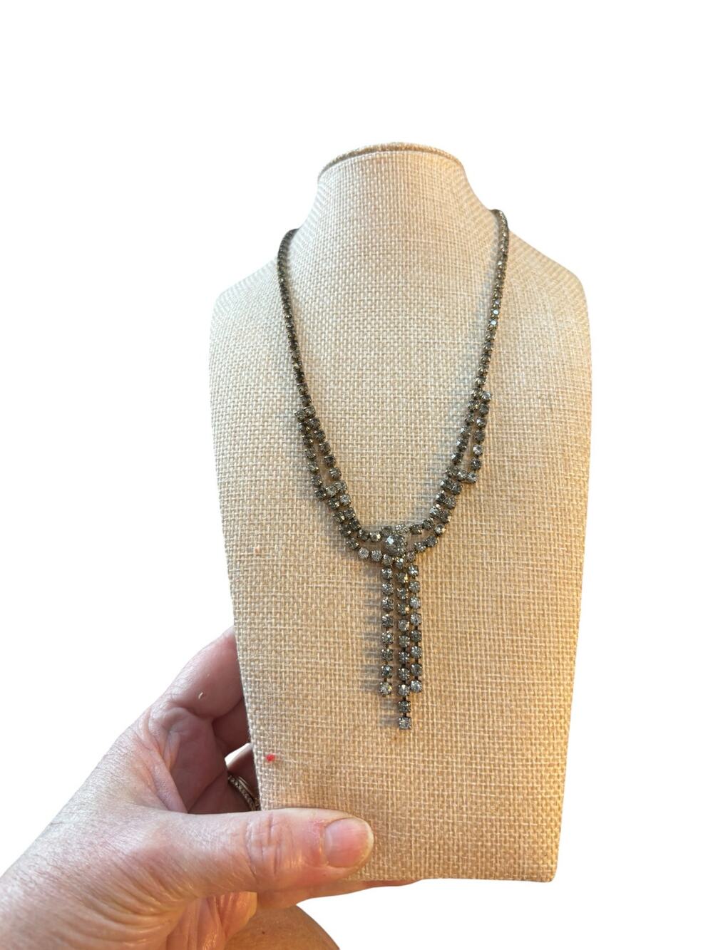 Vintage 1950s Smoky Rhinestone Necklace Draped Fringe Silver Tone Mid Century